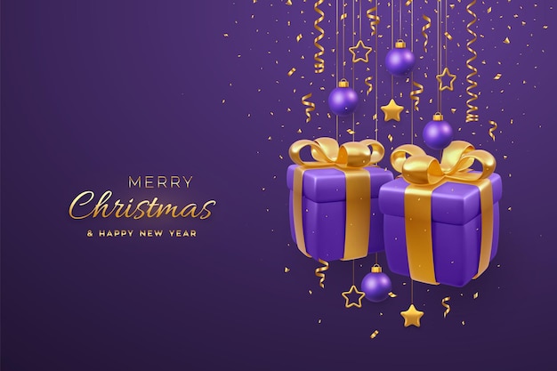 Banner de navidad con cajas de regalo 3d con lazos dorados que cuelgan estrellas y bolas metálicas doradas sobre fondo púrpura tarjeta de felicitación de feliz navidad cartel de vacaciones de navidad y año nuevo ilustración vectorial