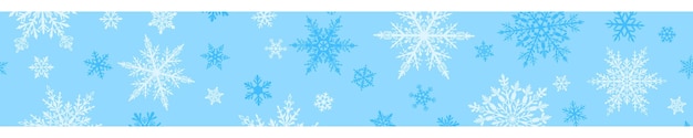 Banner de Navidad de complejos copos de nieve grandes y pequeños en colores blancos sobre fondo azul claro. Con repetición horizontal