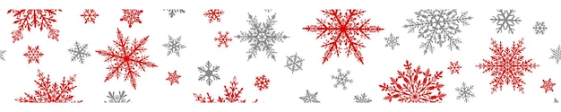 Banner de Navidad de complejos copos de nieve grandes y pequeños en colores rojo y gris sobre fondo blanco. Con repetición horizontal
