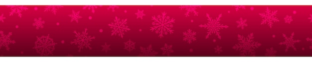 Banner de Navidad de complejos copos de nieve grandes y pequeños en colores rojo y morado. Con repetición horizontal