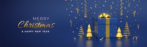 Banner de Navidad. Composición de caja de regalo con lazo dorado y pino metálico dorado, abetos. Árboles de forma de cono de año nuevo. Fondo de Navidad, tarjeta de felicitación, encabezado. Vector ilustración realista 3D.