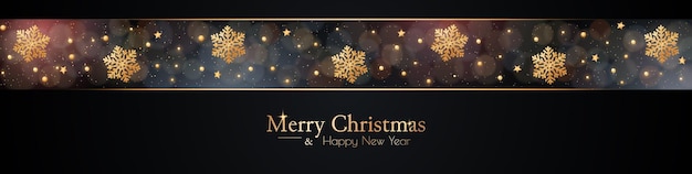 Banner de Navidad con copos de nieve de brillo dorado y bokeh mágico