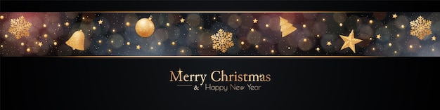 Banner de Navidad con copos de nieve de brillo dorado y bokeh mágico