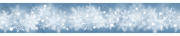 Banner de Navidad de copos de nieve claros y borrosos complejos en colores blancos sobre fondo azul claro. Con repetición horizontal