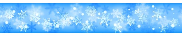 Banner de Navidad de copos de nieve claros y borrosos complejos en colores blancos sobre fondo azul claro. Con repetición horizontal