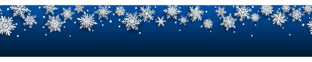 Vector banner de navidad de copos de nieve de papel blanco complejo con sombras suaves sobre fondo azul. con repetición horizontal