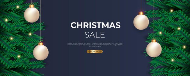 Banner de Navidad con copos de nieve de rama de pino verde bola de Navidad dorada y luz de estrella
