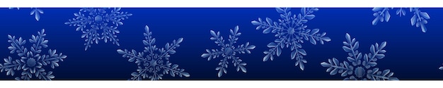 Banner de Navidad de grandes copos de nieve transparentes complejos sobre fondo azul degradado. Con patrón de repetición horizontal. Transparencia solo en formato vectorial