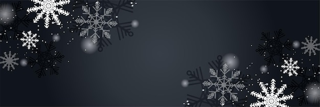 Banner de Navidad de invierno con copos de nieve. Feliz navidad y próspero año nuevo 2022 saludo banner. Fondo horizontal de año nuevo, encabezados, carteles, tarjetas, sitio web. Ilustración vectorial