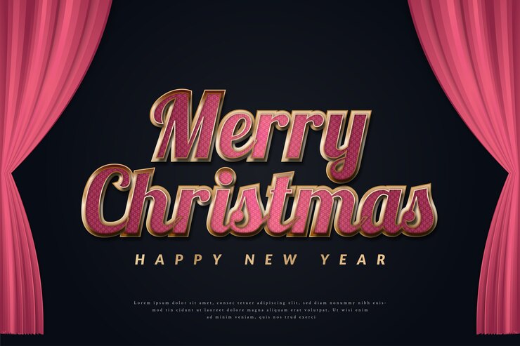 Vector banner de navidad de lujo con texto elegante sobre fondo oscuro y cortinas rojas