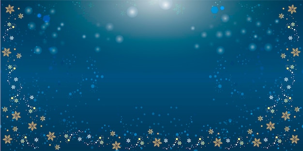 Banner de Navidad mágica azul sobre fondo oscuro con brillo, nieve y copos de nieve dorados. Plantilla de vector hermoso para banner.