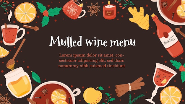 Banner de Navidad para menú con ingredientes de vino caliente o caliente
