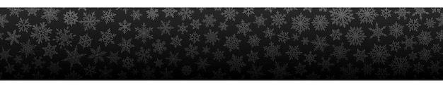 Banner de navidad de muchos pequeños copos de nieve complejos en colores negro y gris. con repetición horizontal