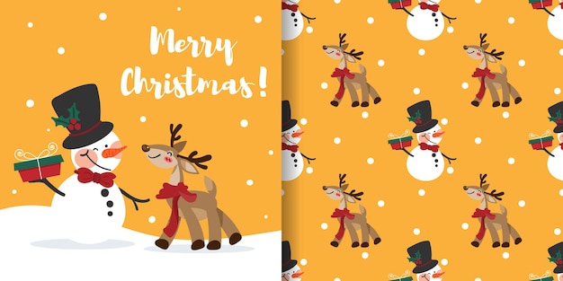 Banner de Navidad y patrón sin costuras de muñeco de nieve sostienen una caja de regalo y renos usan bufanda roja