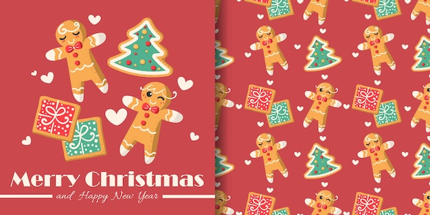Banner de Navidad y patrón sin fisuras de pan de jengibre en forma de cajas de regalo y árbol de Navidad de niño