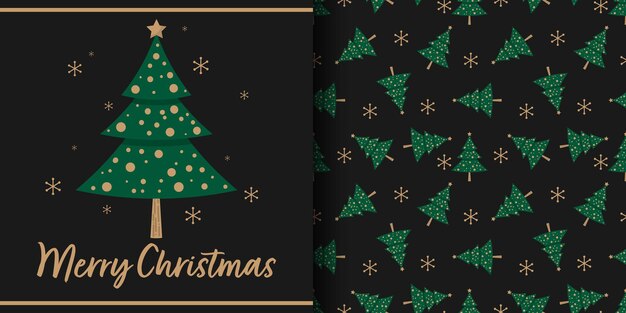 Banner de Navidad y patrones sin fisuras de árbol de Navidad con copos de nieve sobre fondo negro