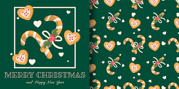 Banner de Navidad y patrones sin fisuras de bastones de caramelo con rama de baya de acebo y galletas en forma de corazón