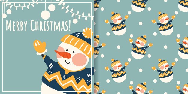 Banner de Navidad y patrones sin fisuras de lindo muñeco de nieve en trajes de invierno