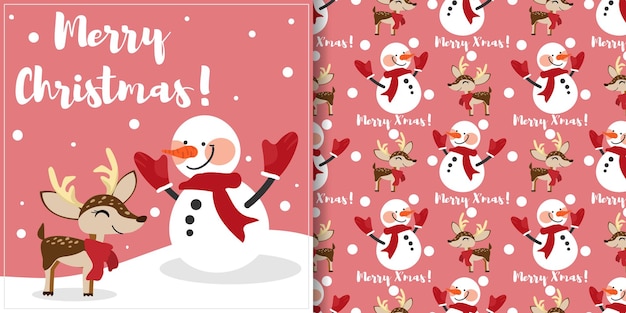 Banner de Navidad y patrones sin fisuras de muñeco de nieve y renos usan pañuelo rojo con copos de nieve