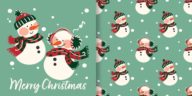 Banner de Navidad y patrones sin fisuras de muñeco de nieve en trajes de invierno con nota musical