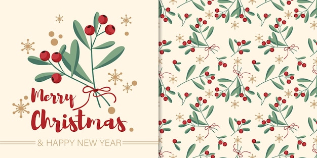 Banner de Navidad y patrones sin fisuras de ramas de bayas de acebo con cinta y copos de nieve