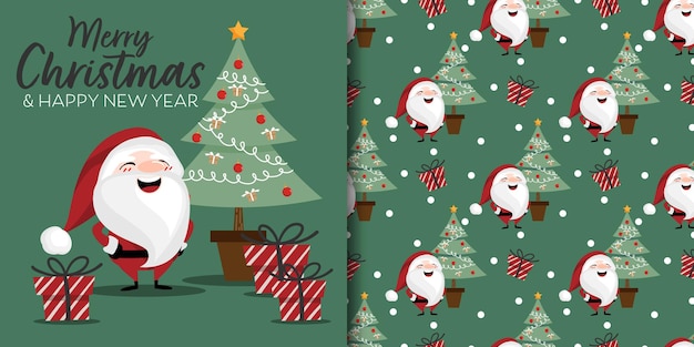 Banner de navidad y patrones sin fisuras de santa claus y árbol de navidad con cajas de regalo