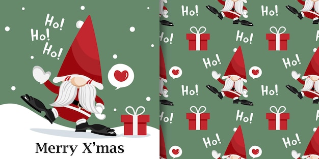 Banner de navidad y patrones sin fisuras de santa claus con caja de regalo y texto ho ho ho