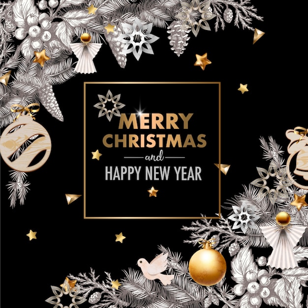 Banner de Navidad con pinos gráficos y adornos de madera.
