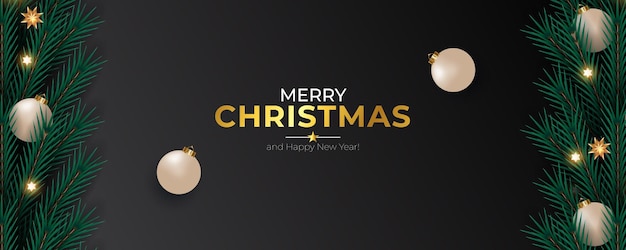 Banner de Navidad realista con rama de pino Bola de Navidad texto dorado y luz de estrella