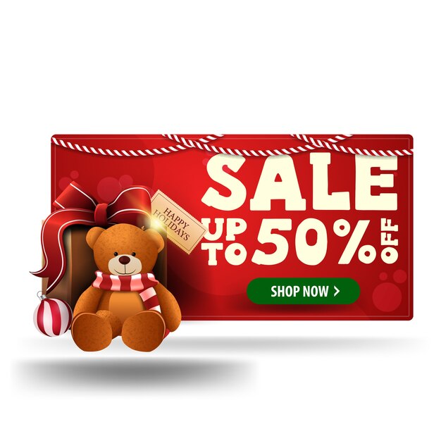Banner de Navidad rojo descuento 3D con regalo con osito de peluche aislado sobre fondo blanco.