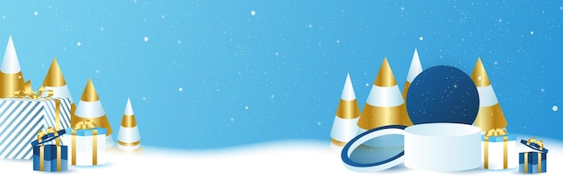 Banner de Navidad sobre fondo azul con nieve, copo de nieve, podio, escenario, árbol de Navidad y caja de regalo. Fondo de paisaje de invierno de Navidad. Ilustración vectorial abstracta.