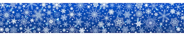 Banner de Navidad de varios copos de nieve grandes y pequeños complejos con repetición horizontal perfecta, blanco sobre fondo azul.