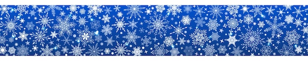 Banner de navidad de varios copos de nieve grandes y pequeños complejos con repetición horizontal perfecta, blanco sobre fondo azul.