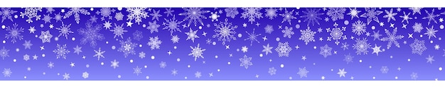 Banner de Navidad de varios copos de nieve grandes y pequeños complejos con repetición horizontal perfecta, blanco sobre fondo azul.