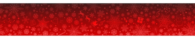 Banner de navidad de varios copos de nieve y símbolos navideños, en colores rojos