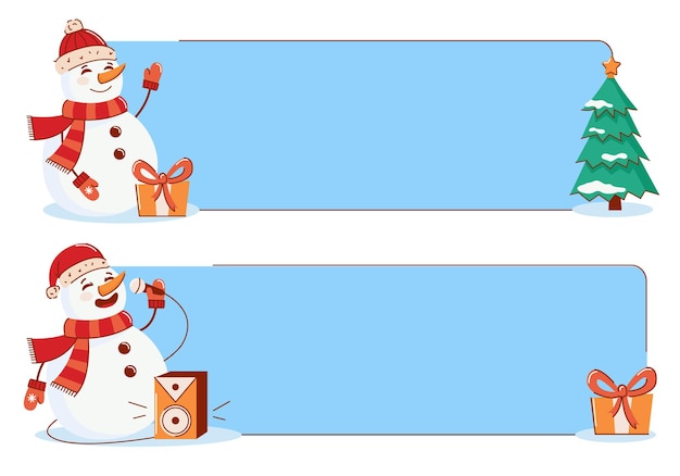 Banner de Navidad vectorial con un árbol de Navidad de muñeco de nieve y un regalo Feliz Año Nuevo y Feliz Navidad