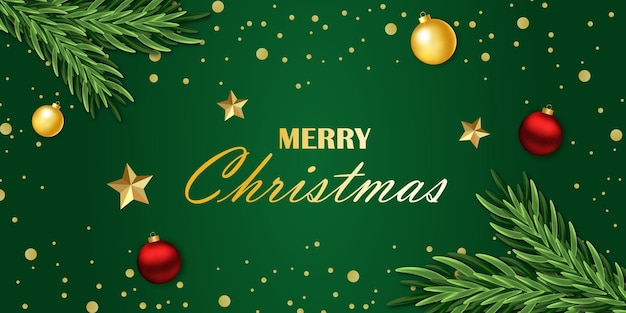 Banner de navidad verde Feliz navidad banner verde con decoración dorada y hojas de pino Ilustración vectorial EPS 10
