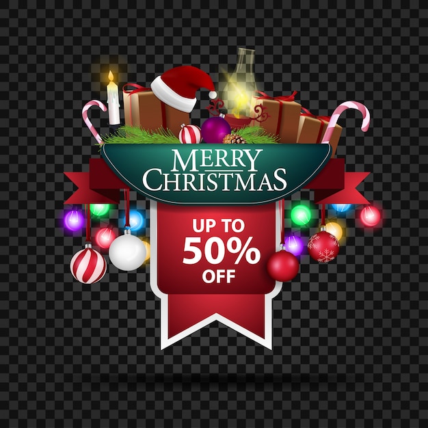 Banner navideño con 50% de descuento en regalos y lámpara antigua.