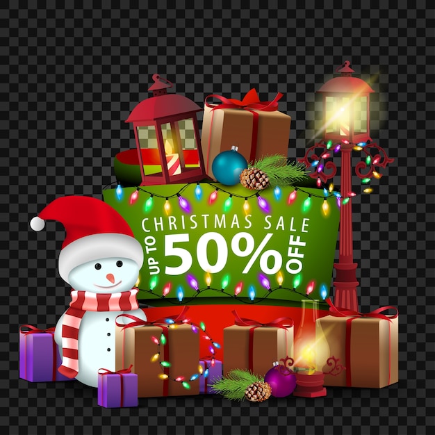 Banner navideño con 50 rebajas, muñeco de nieve y regalos.