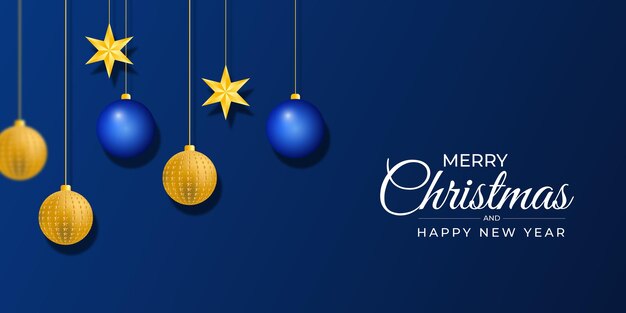 Banner navideño con bolas navideñas y estrellas doradas.
