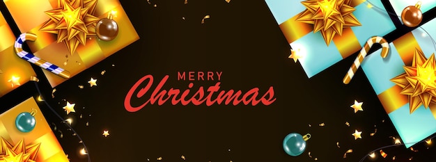 Vector banner navideño con cajas y lazos dorados sobre fondo negro