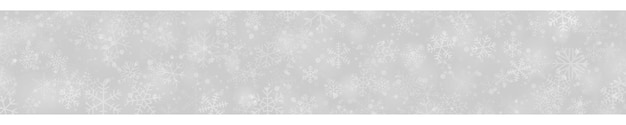 Vector banner navideño de copos de nieve de diferentes tamaños de formas y transparencia sobre fondo gris