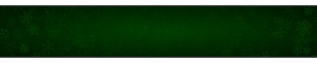 Banner navideño de copos de nieve de diferentes tamaños de formas y transparencia sobre fondo verde oscuro