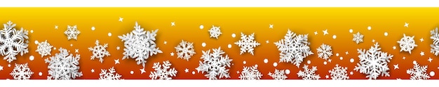 Banner navideño de copos de nieve de papel con sombras suaves blancas sobre fondo naranja Con repetición horizontal perfecta