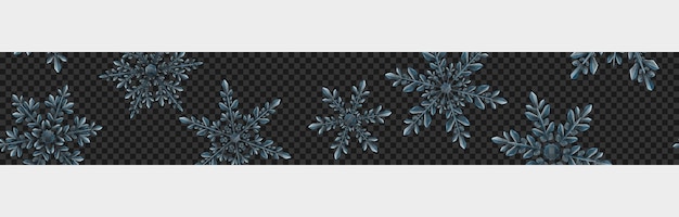 Banner navideño de copos de nieve translúcidos complejos grandes en colores azul claro sobre fondo transparente Con patrón de repetición horizontal
