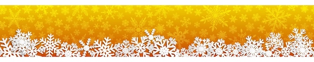 Banner navideño sin costuras con copos de nieve blancos con sombras sobre fondo amarillo