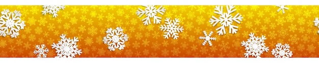 Banner navideño sin costuras con copos de nieve blancos con sombras sobre fondo amarillo