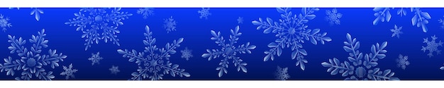 Banner navideño de grandes copos de nieve transparentes y complejos sobre fondo degradado azul Con patrón repetitivo horizontal