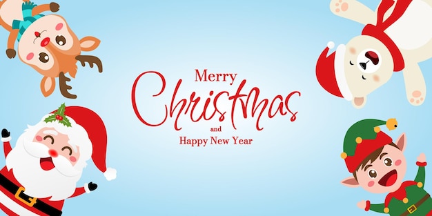 Banner navideño del lindo personaje navideño Santa Claus y amigo Feliz Navidad y Feliz Año Nuevo