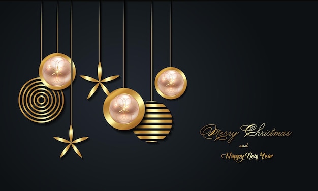Banner navideño de lujo con bolas doradas escritas a mano de Feliz Navidad y Próspero Año Nuevo